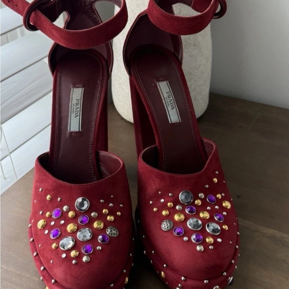 Prada Burgundy Platform Shoes with Jewel Accents